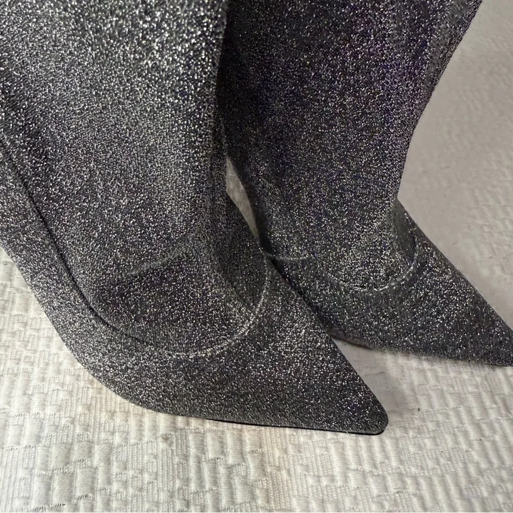 $258 SCHUTZ Silver Metallic Stretch Heeled Ankle Booties 9.5 NWT